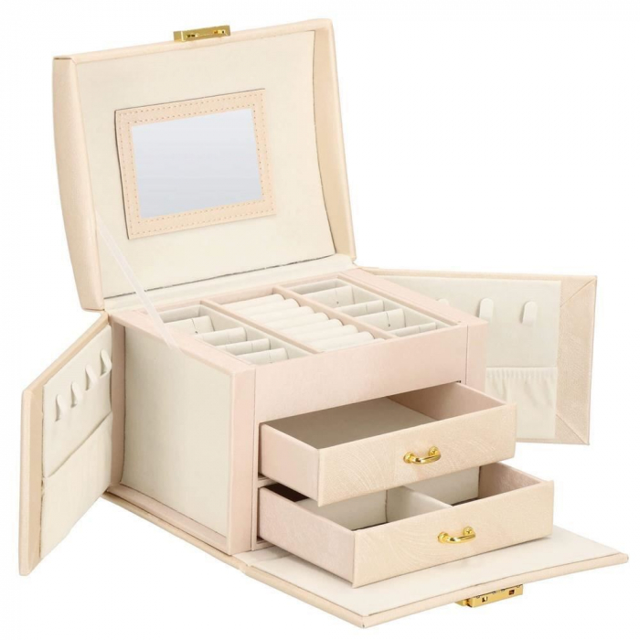 CUTIE PENTRU BIJUTERII, MDF SI PIELE, CREM, CU OGLINDA, 18X14X13.5 CM, SPRINGOS [27]