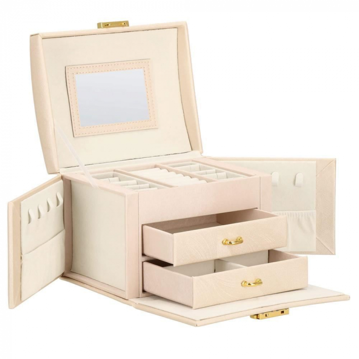 CUTIE PENTRU BIJUTERII, MDF SI PIELE, CREM, CU OGLINDA, 18X14X13.5 CM, SPRINGOS [26]
