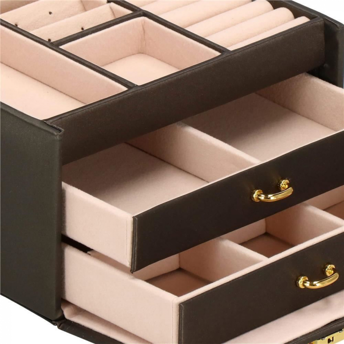 CUTIE PENTRU BIJUTERII, MDF SI PIELE, MARO INCHIS SI ROZ, CU OGLINDA, 17.5X14X12.5 CM, SPRINGOS [9]