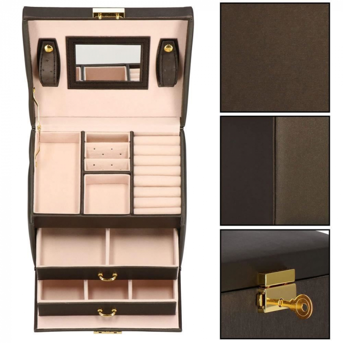 CUTIE PENTRU BIJUTERII, MDF SI PIELE, MARO INCHIS SI ROZ, CU OGLINDA, 17.5X14X12.5 CM, SPRINGOS [4]