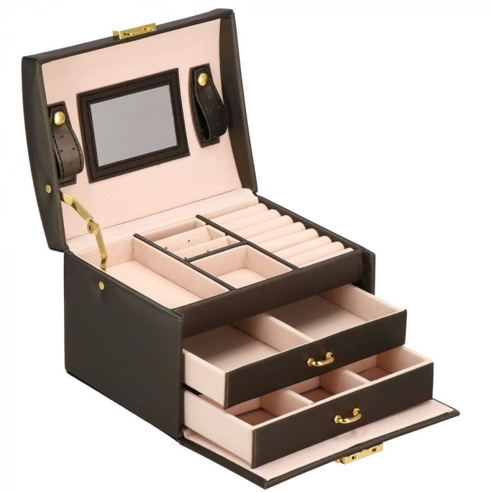 CUTIE PENTRU BIJUTERII, MDF SI PIELE, MARO INCHIS SI ROZ, CU OGLINDA, 17.5X14X12.5 CM, SPRINGOS [11]