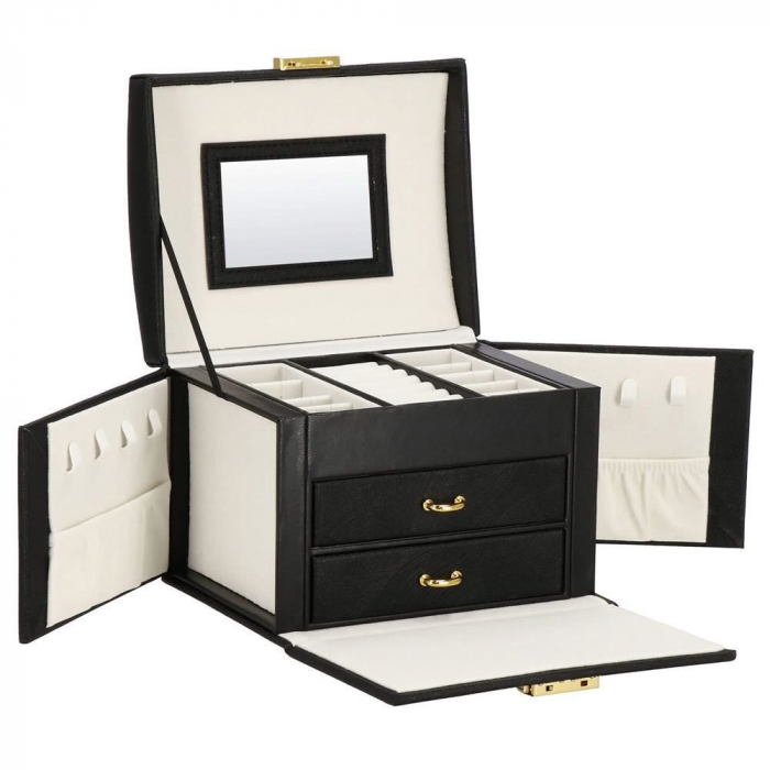 CUTIE PENTRU BIJUTERII, MDF SI PIELE, NEGRU SI CREM, CU OGLINDA, 18X14X13.5 CM, SPRINGOS [26]