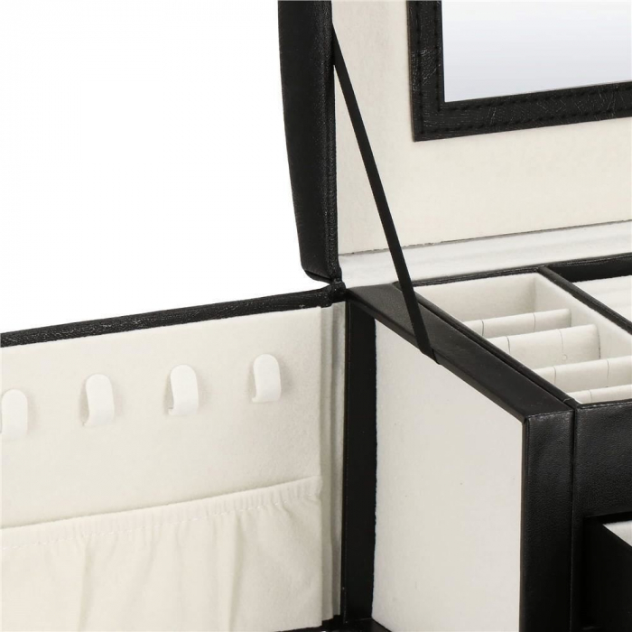 CUTIE PENTRU BIJUTERII, MDF SI PIELE, NEGRU SI CREM, CU OGLINDA, 18X14X13.5 CM, SPRINGOS [21]