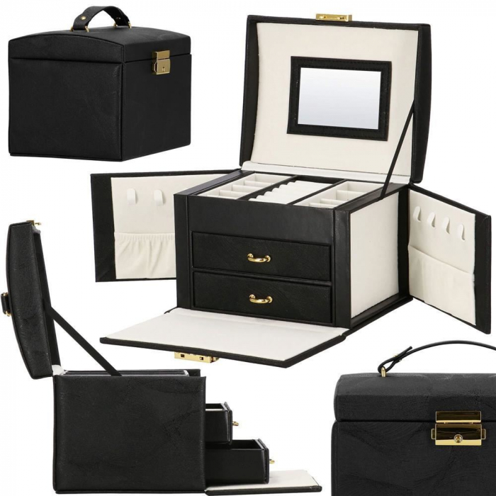 CUTIE PENTRU BIJUTERII, MDF SI PIELE, NEGRU SI CREM, CU OGLINDA, 18X14X13.5 CM, SPRINGOS [27]