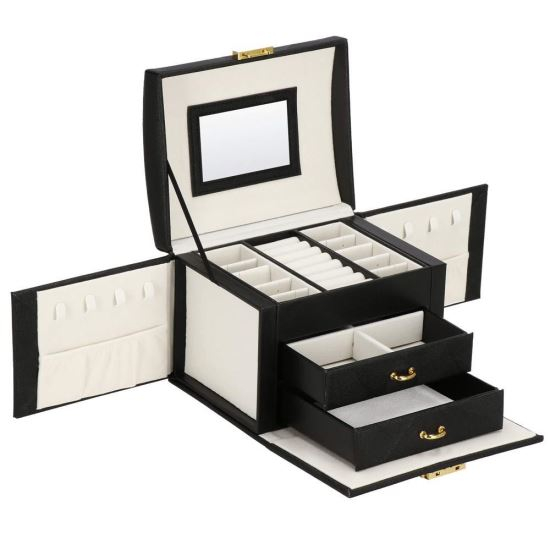 CUTIE PENTRU BIJUTERII, MDF SI PIELE, NEGRU SI CREM, CU OGLINDA, 18X14X13.5 CM, SPRINGOS [1]