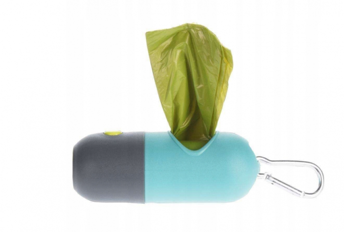 Dispenser saci pentru caini cu lanternă LED, cu carabina, funcționare pe baterii [4]