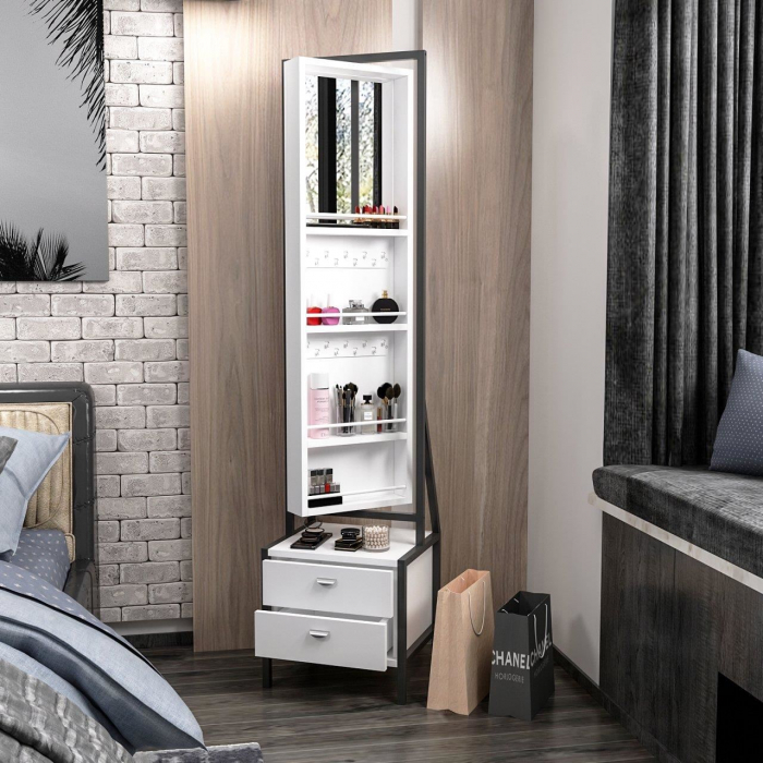 DULAP CU OGLINDA PENTRU BIJUTERII, PAL MELAMINAT, 4 RAFTURI, 2 SERTARE, ALB, 41X35X170 CM, MOVING MIRROR, MINAR [4]