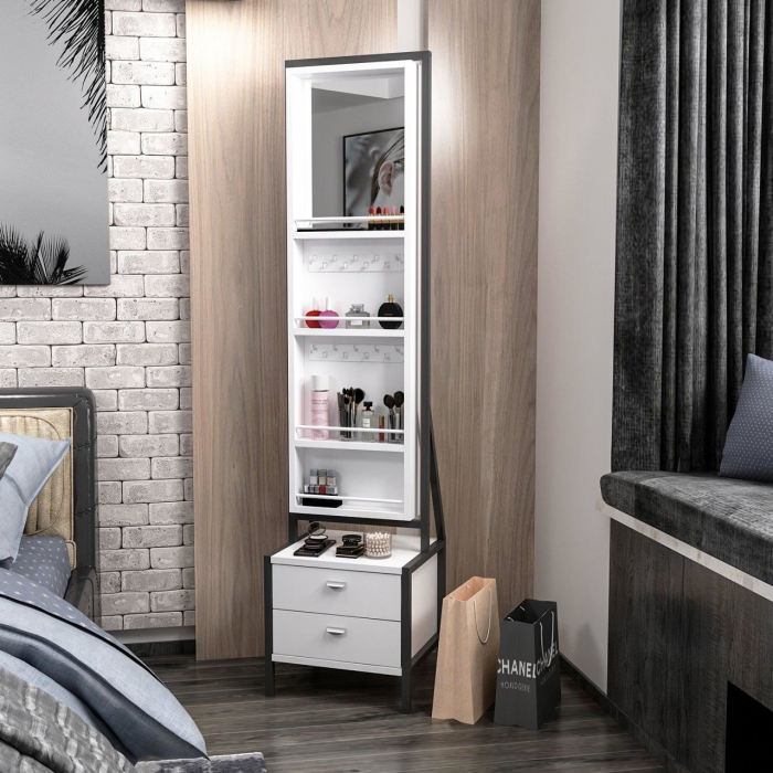 DULAP CU OGLINDA PENTRU BIJUTERII, PAL MELAMINAT, 4 RAFTURI, 2 SERTARE, ALB, 41X35X170 CM, MOVING MIRROR, MINAR [7]