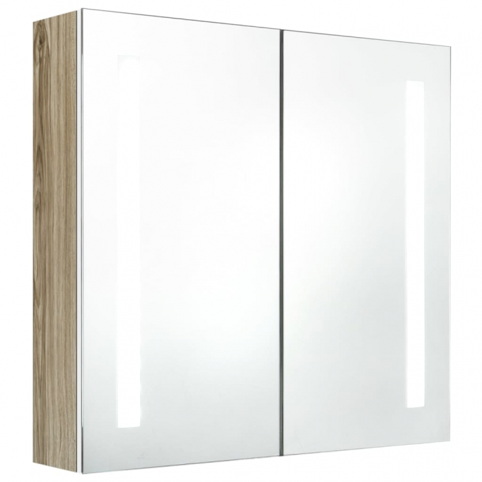 DULAP DE BAIE CU OGLINDA SI LED, ALB SI STEJAR, 62 X 14 X 60 CM [2]