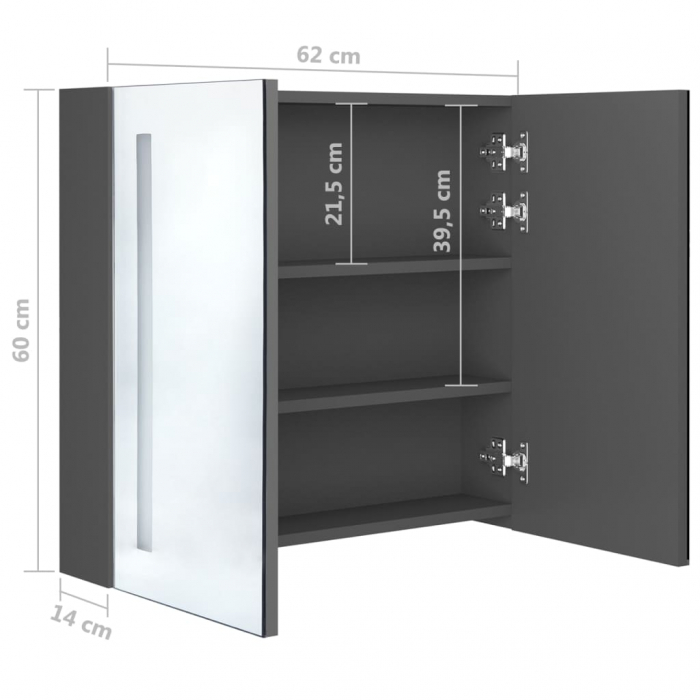 DULAP DE BAIE CU OGLINDA SI LED, GRI, 62 X 14 X 60 CM [8]