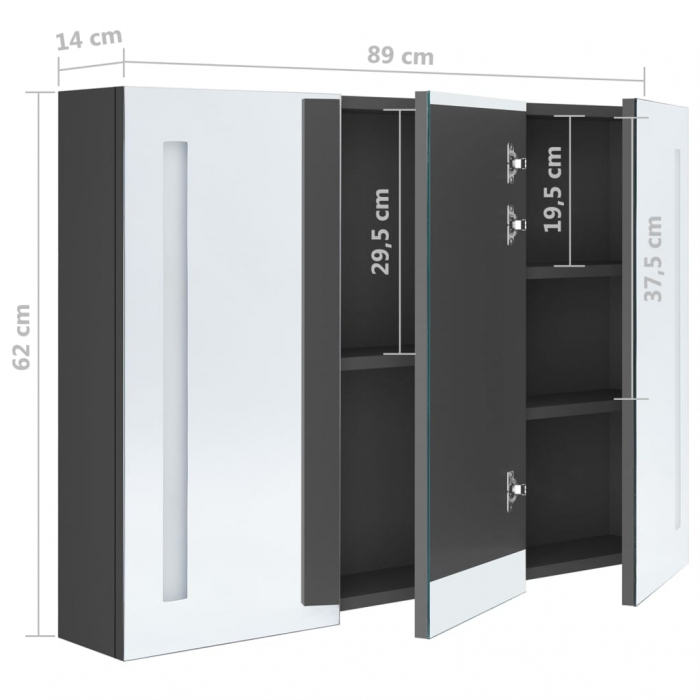 DULAP DE BAIE CU OGLINDA SI LED, GRI, 89 X 14 X 62 CM [8]