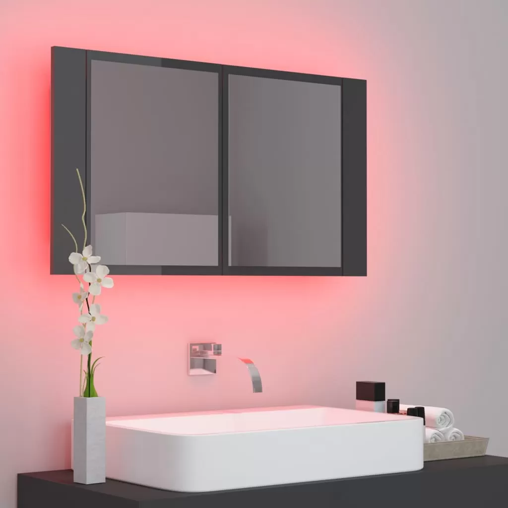 DULAP DE BAIE CU OGLINDA SI LED, GRI LUCIOS [4]