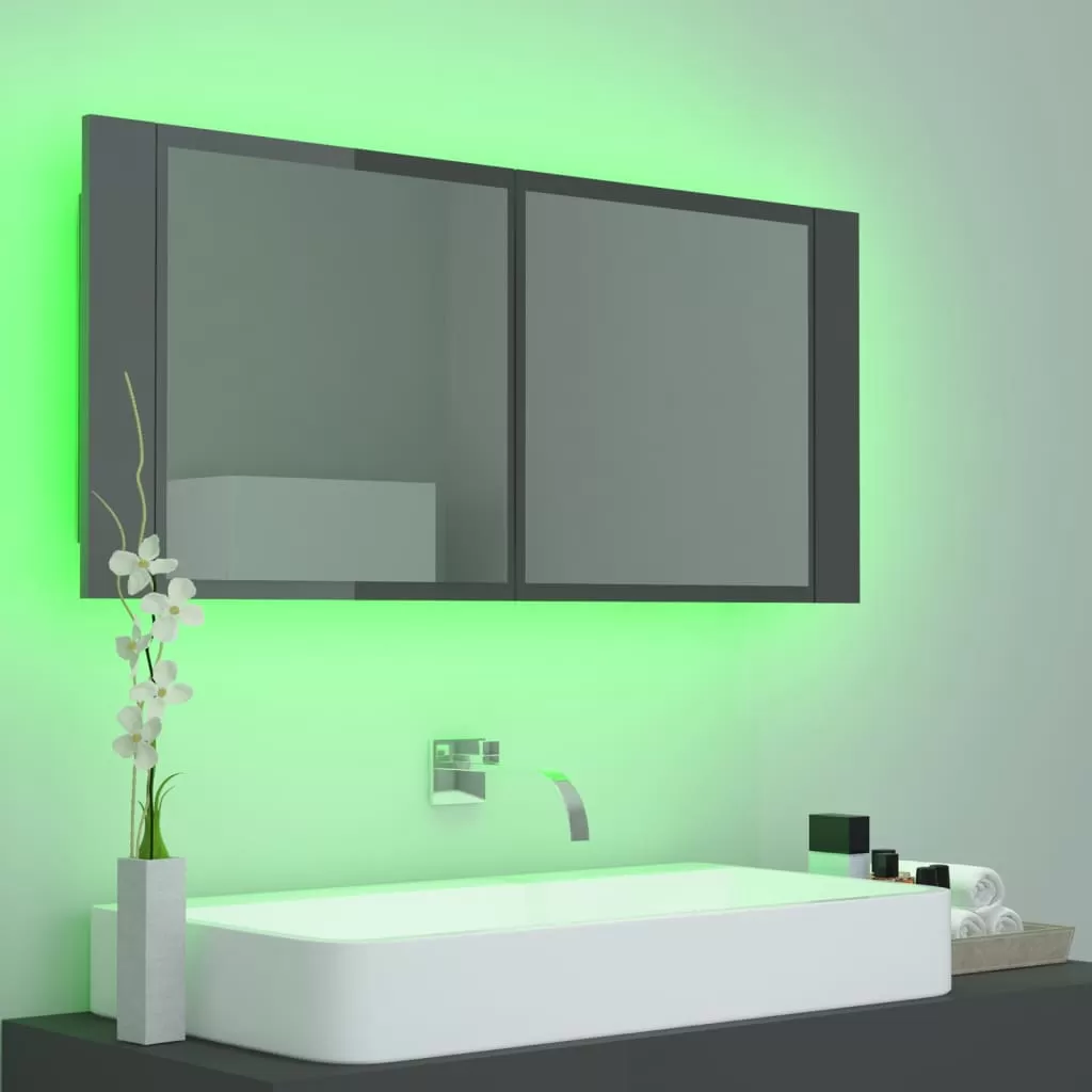 DULAP DE BAIE CU OGLINDA SI LED, GRI LUCIOS [5]