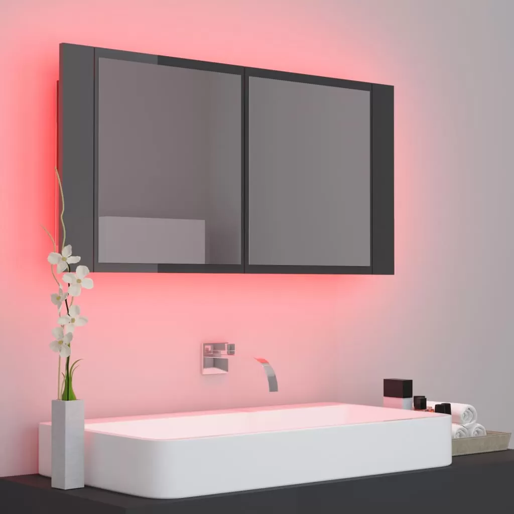 DULAP DE BAIE CU OGLINDA SI LED, GRI LUCIOS [5]