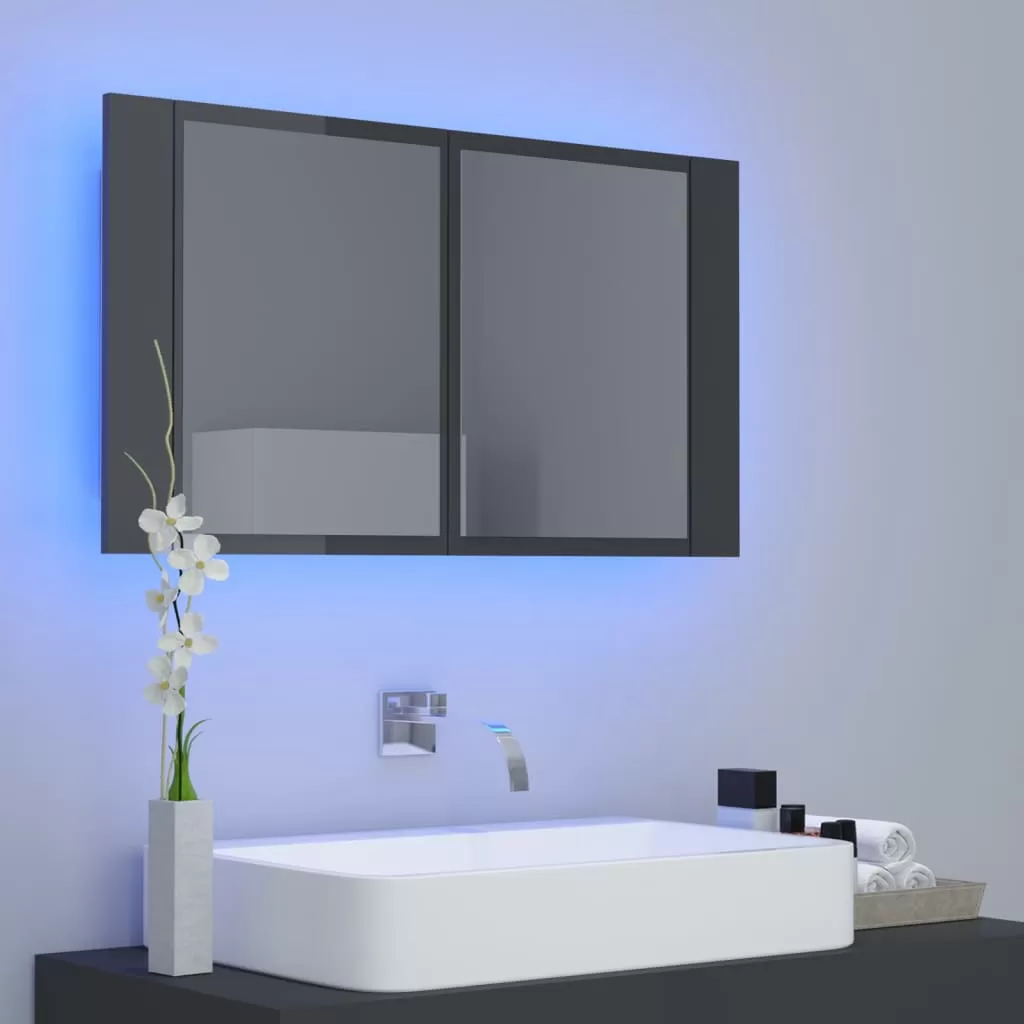 DULAP DE BAIE CU OGLINDA SI LED, GRI LUCIOS [3]