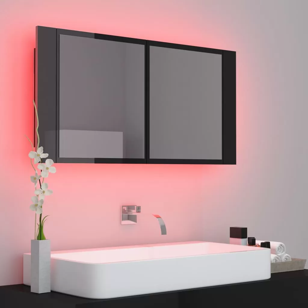 DULAP DE BAIE CU OGLINDA SI LED, NEGRU LUCIOS [5]