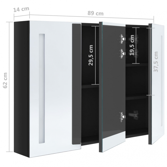 DULAP DE BAIE CU OGLINDA SI LED, NEGRU STRĂLUCITOR, 89 X 14 X 62 CM [8]