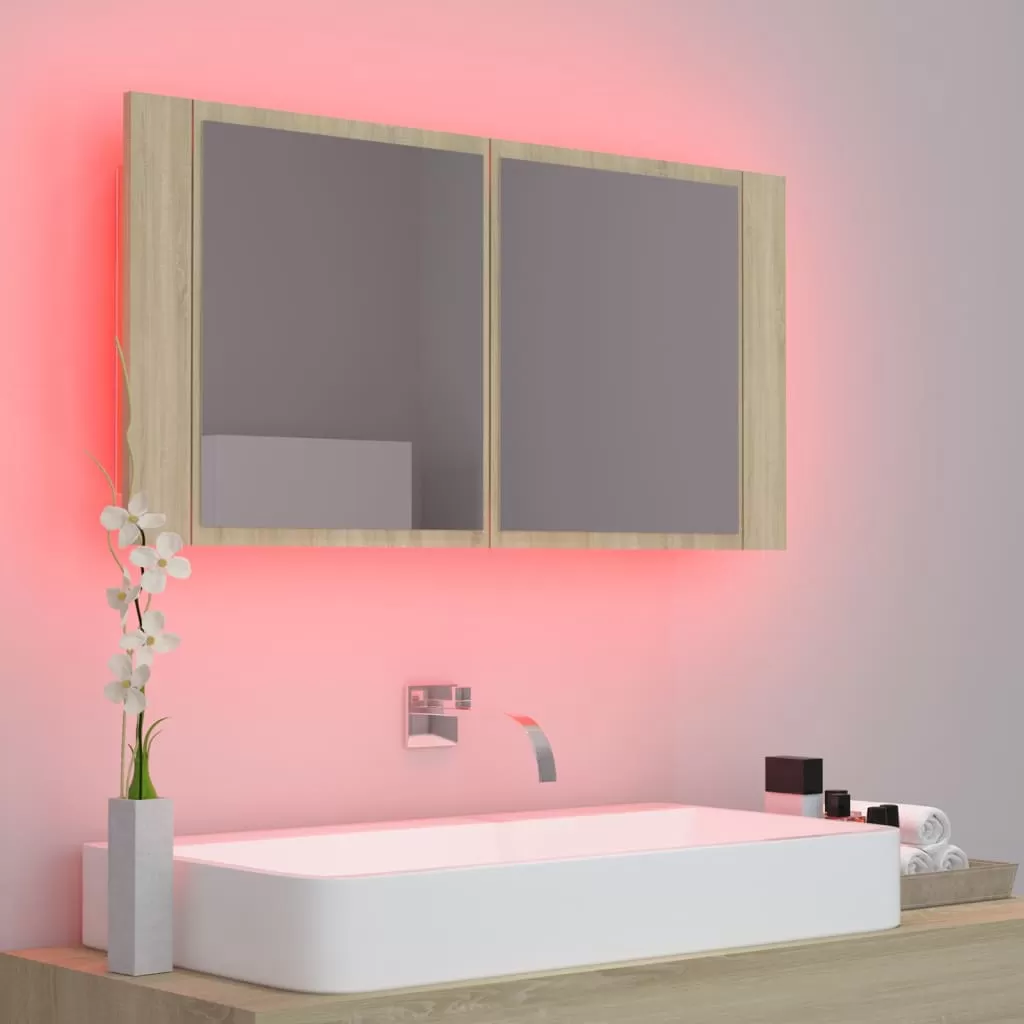 DULAP DE BAIE CU OGLINDA SI LED, STEJAR SONOMA [4]