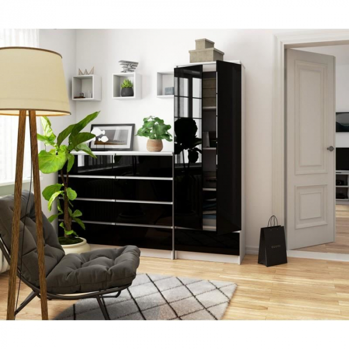 DULAP, PLACA LAMINATA, 1 SERTAR, 4 RAFTURI, 2 USI, ALB SI NEGRU LUCIOS, 60X35X180 CM [5]