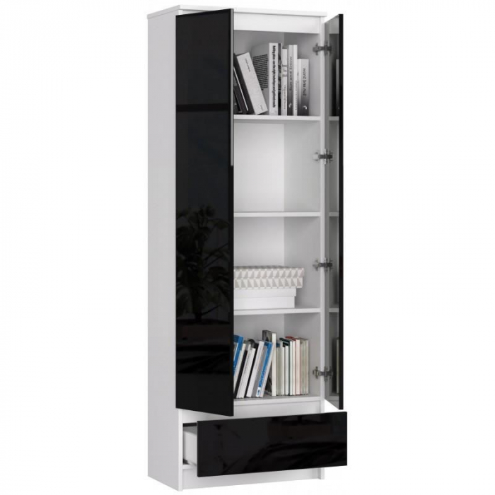DULAP, PLACA LAMINATA, 1 SERTAR, 4 RAFTURI, 2 USI, ALB SI NEGRU LUCIOS, 60X35X180 CM [2]
