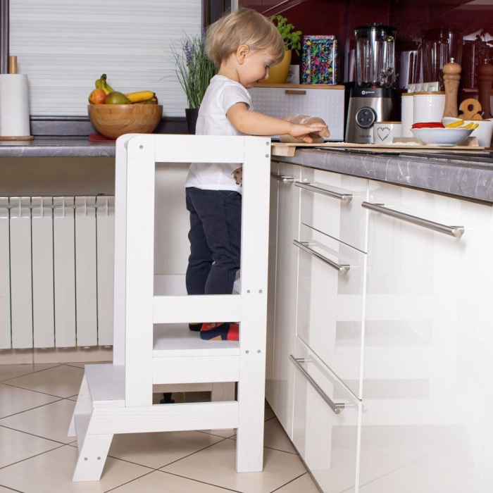 INALTATOR MULTIFUNCTIONAL/AJUTOR DE BUCATARIE PENTRU COPII, AJUSTABIL, LEMN, ALB, 39X52X90 CM, SPRINGOS [3]