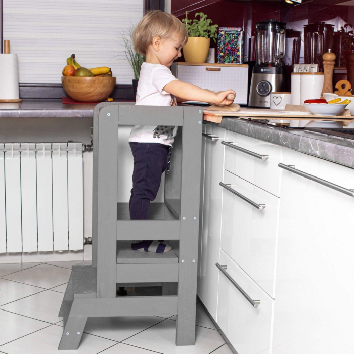 INALTATOR MULTIFUNCTIONAL/AJUTOR DE BUCATARIE PENTRU COPII, AJUSTABIL, LEMN, GRI, 39X52X90 CM, SPRINGOS [3]