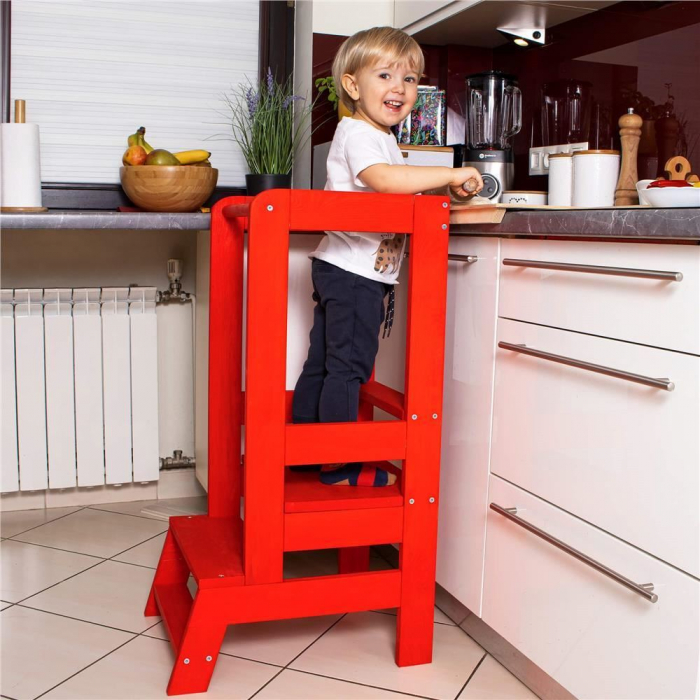 INALTATOR MULTIFUNCTIONAL/AJUTOR DE BUCATARIE PENTRU COPII, AJUSTABIL, LEMN, ROSU, 39X52X90 CM, SPRINGOS [9]