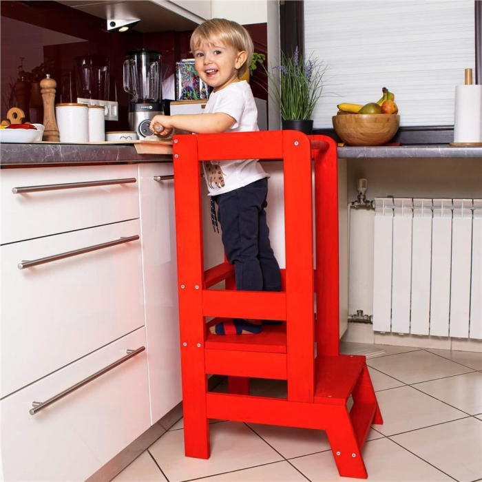 INALTATOR MULTIFUNCTIONAL/AJUTOR DE BUCATARIE PENTRU COPII, AJUSTABIL, LEMN, ROSU, 39X52X90 CM, SPRINGOS [3]