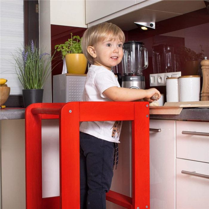 INALTATOR MULTIFUNCTIONAL/AJUTOR DE BUCATARIE PENTRU COPII, AJUSTABIL, LEMN, ROSU, 39X52X90 CM, SPRINGOS [5]