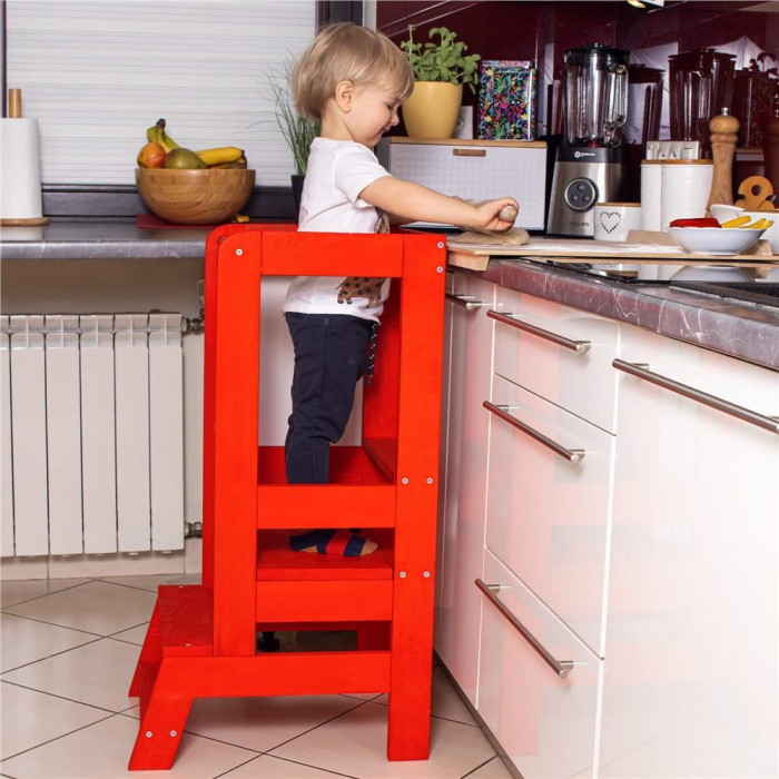 INALTATOR MULTIFUNCTIONAL/AJUTOR DE BUCATARIE PENTRU COPII, AJUSTABIL, LEMN, ROSU, 39X52X90 CM, SPRINGOS [2]