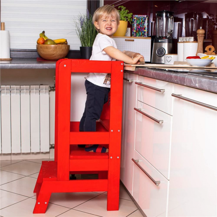INALTATOR MULTIFUNCTIONAL/AJUTOR DE BUCATARIE PENTRU COPII, AJUSTABIL, LEMN, ROSU, 39X52X90 CM, SPRINGOS [8]