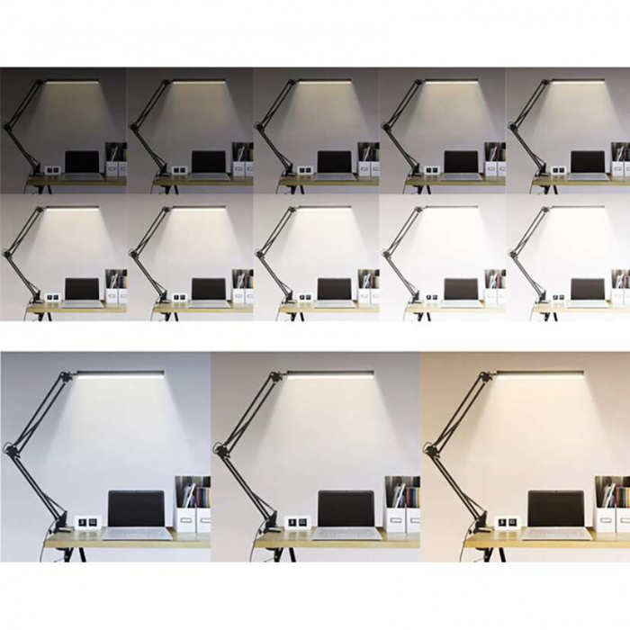 LAMPA DE BIROU 2 IN 1, CU PRINDERE MASA, BRAT FLEXIBIL, 3 CULORI LUMINA, 10 NIVELURI, USB, NEGRU, 3X37 CM, IZOXIS [6]