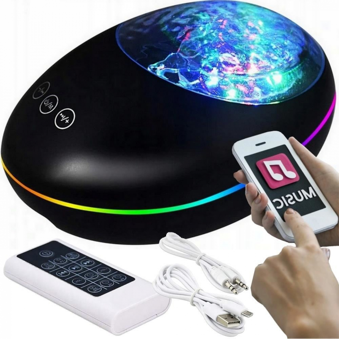 LAMPA DE NOPTIERA CU PROIECTOR, LED, TELECOMANDA, BLUETOOTH, 3 CULORI, INCARCARE USB, NEGRU, 19.9X11.9X9.5 CM, LUCY STONE [2]