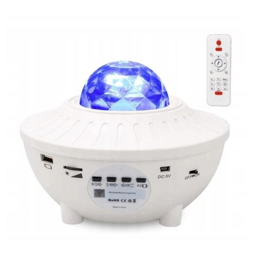 LAMPA DE NOPTIERA CU PROIECTOR, LED, TELECOMANDA, BLUETOOTH, 4 CULORI, INCARCARE USB, ALB, 12.3X16.4 CM [1]