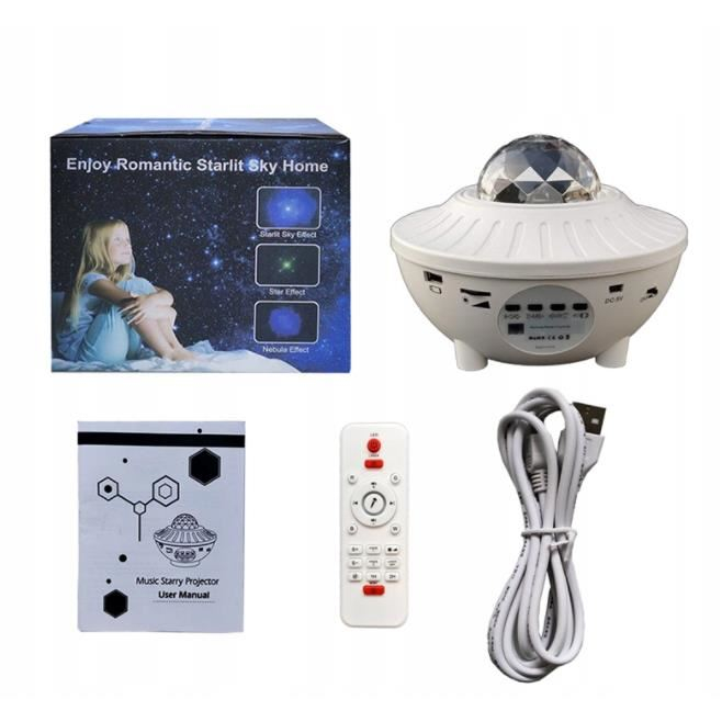 LAMPA DE NOPTIERA CU PROIECTOR, LED, TELECOMANDA, BLUETOOTH, 4 CULORI, INCARCARE USB, ALB, 12.3X16.4 CM [2]