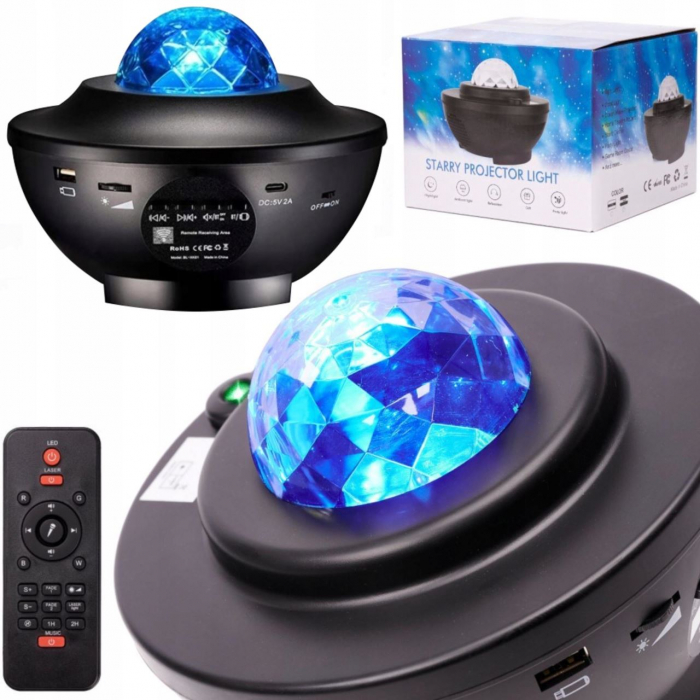 LAMPA DE NOPTIERA CU PROIECTOR, LED, TELECOMANDA, BLUETOOTH, 4 CULORI, INCARCARE USB, NEGRU, 12.3X16.4 CM [7]