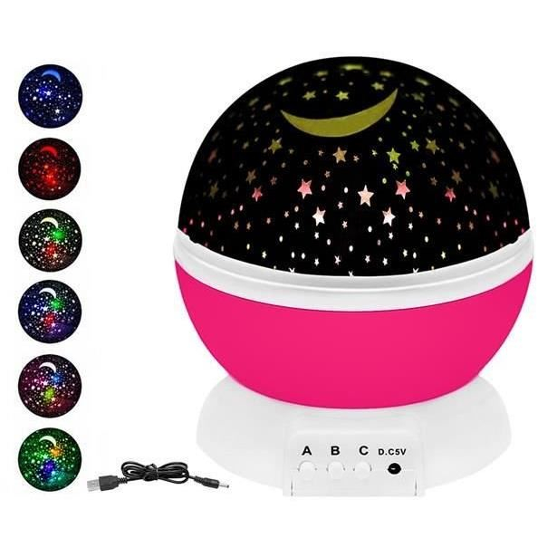 LAMPA DE NOPTIERA CU PROIECTOR, PENTRU COPII, CUPOLA ROTATIVA, ROZ, INCARCARE USB/4XAAA, 12.7X13.5 CM, ISOTRADE [6]