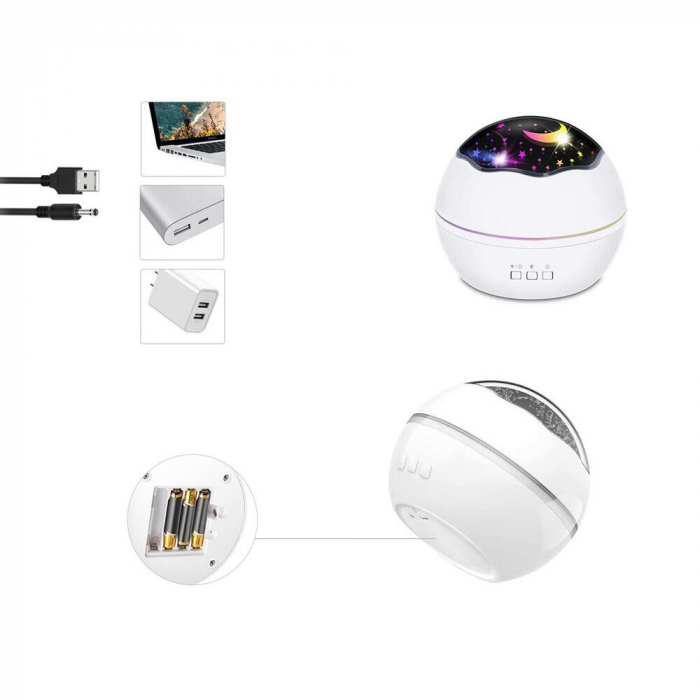 LAMPA DE NOPTIERA CU PROIECTOR, VERK GROUP, PENTRU COPII, CUPOLA ROTATIVA, 2 MODURI, DIFERITE CULORI, 4XAAA, INCARCARE USB, 12X10 CM [9]
