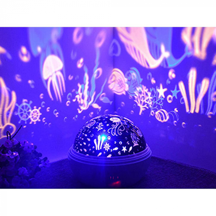 LAMPA DE NOPTIERA CU PROIECTOR, VERK GROUP, PENTRU COPII, CUPOLA ROTATIVA, 2 MODURI, DIFERITE CULORI, 4XAAA, INCARCARE USB, 12X10 CM [3]
