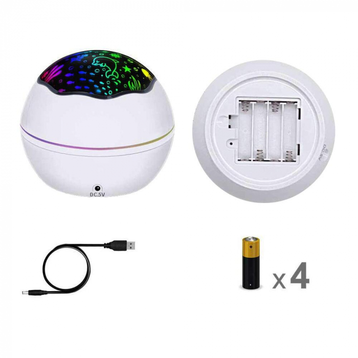 LAMPA DE NOPTIERA CU PROIECTOR, VERK GROUP, PENTRU COPII, CUPOLA ROTATIVA, 2 MODURI, DIFERITE CULORI, 4XAAA, INCARCARE USB, 12X10 CM [13]