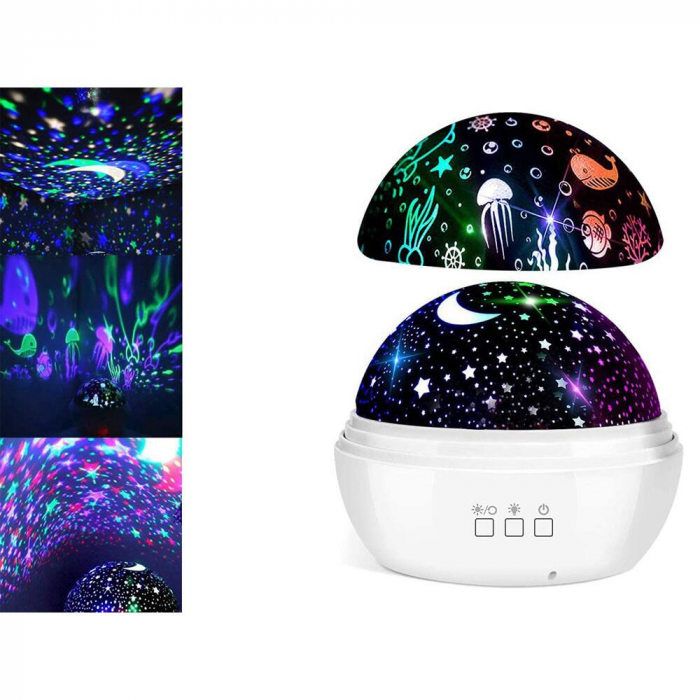 LAMPA DE NOPTIERA CU PROIECTOR, VERK GROUP, PENTRU COPII, CUPOLA ROTATIVA, 2 MODURI, DIFERITE CULORI, 4XAAA, INCARCARE USB, 12X10 CM [4]