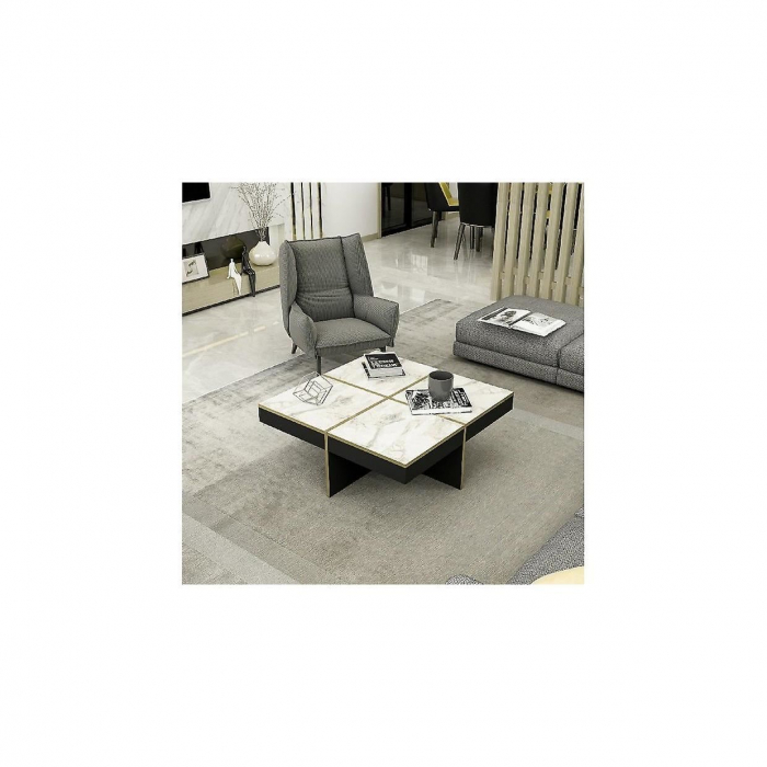 MASA DE CAFEA, PATRATA, PAL MELAMINAT, NEGRU SI AURIU, 90X90X35 CM, ROYAL MARBLE, MINAR [2]