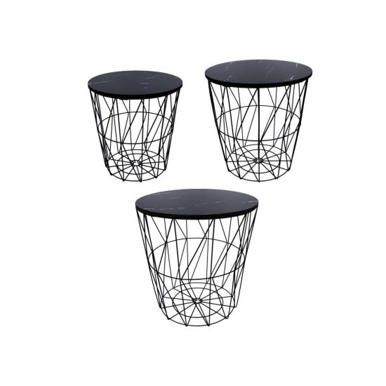 MASUTA CAFEA, CU COS DEPOZITARE METALIC, BLAT MDF EFECT MARMURA, ROTUND, NEGRU, SET 3 MARIMI, IRINA  [1]