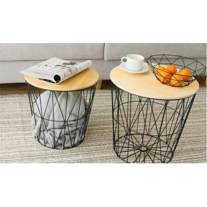 MASUTA CAFEA, CU COS DEPOZITARE METALIC, BLAT MDF, ROTUND, NATUR SI NEGRU, SET 3 MARIMI, MONICA [4]