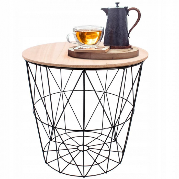 MASUTA CAFEA, CU COS DEPOZITARE METALIC, BLAT MDF, ROTUND, NATUR SI NEGRU, SET 3 MARIMI, MONICA [2]