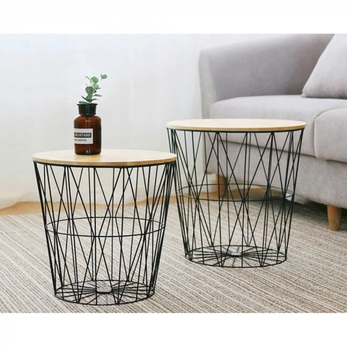 MASUTA CAFEA, CU COS DEPOZITARE METALIC, BLAT MDF, ROTUND, NATUR SI NEGRU, SET 3 MARIMI, MONICA [3]