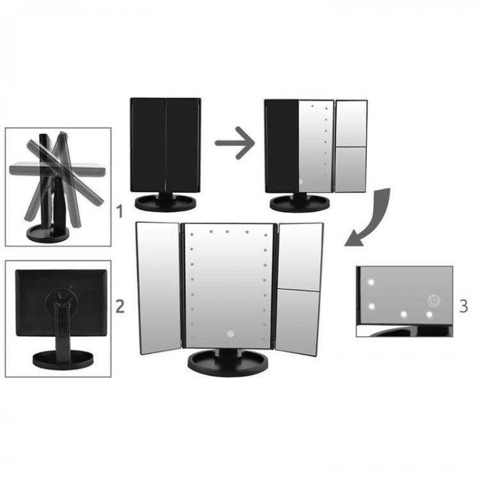OGLINDA COSMETICA, CU LED, ROTATIVA, CU MARIRE IMAGINE 1X/2X/3X, NEGRU, 4XAA, USB, 34.5X9X28 CM, ISOTRADE [4]