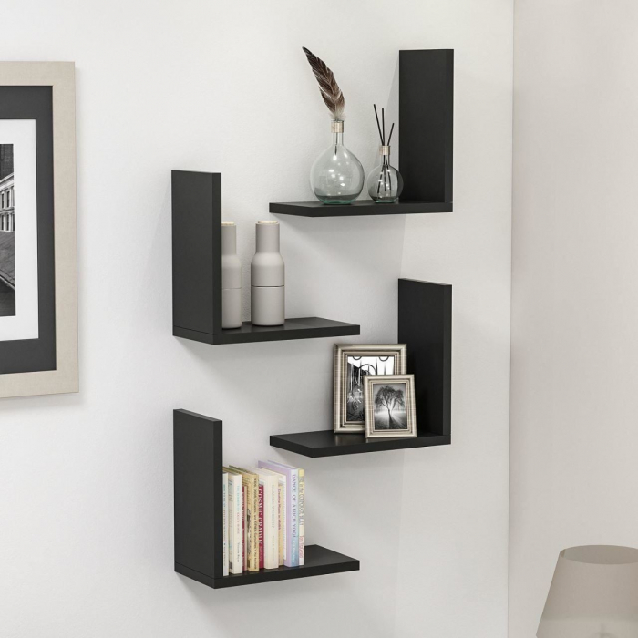 RAFT DECORATIV PERETE, MODULAR, SUSPENDAT, PAL MELAMINAT, NEGRU, 62.5X16X62.5 CM, ALPHA BOX, MINAR [8]