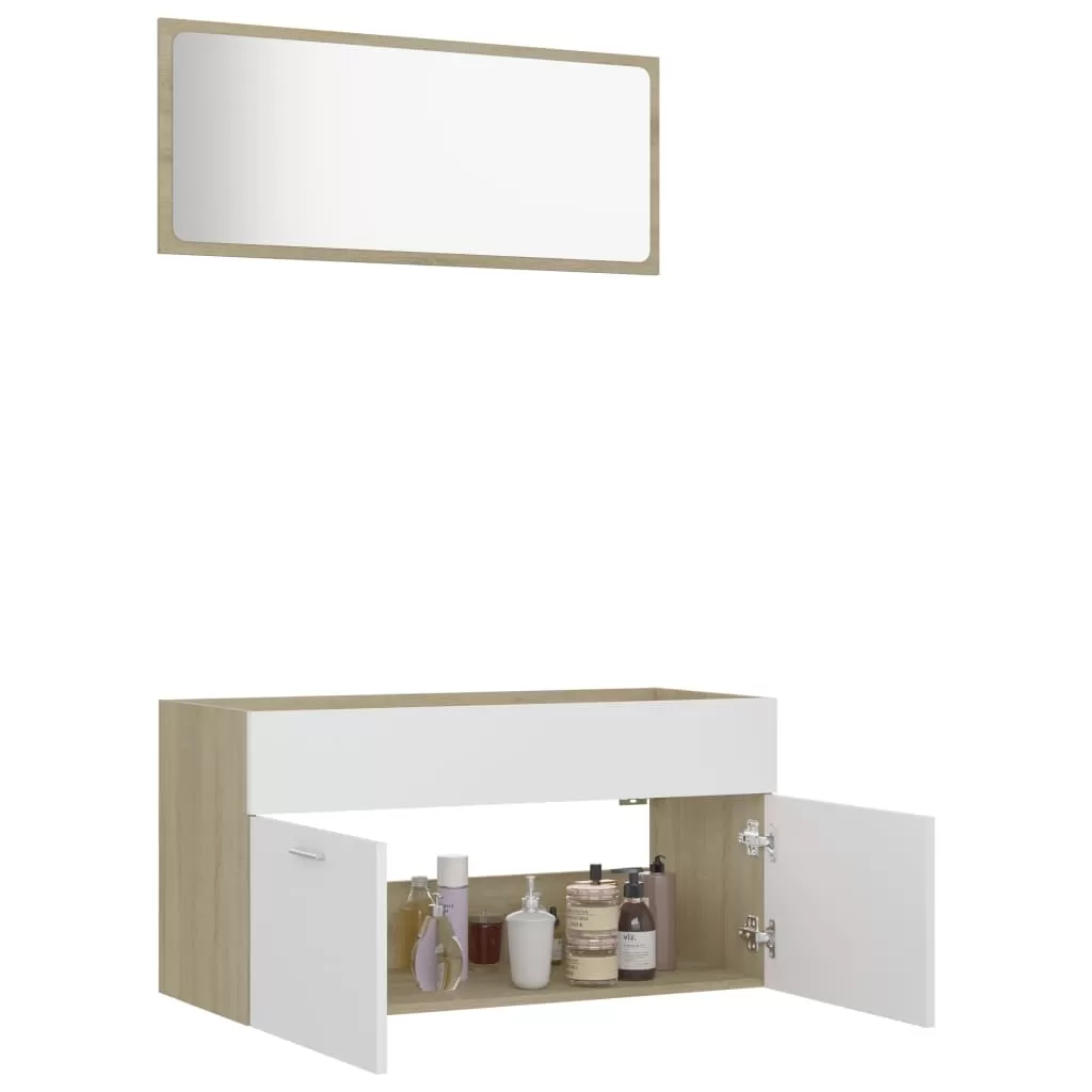 SET MOBILIER DE BAIE, 2 PIESE, ALB SI STEJAR SONOMA [4]