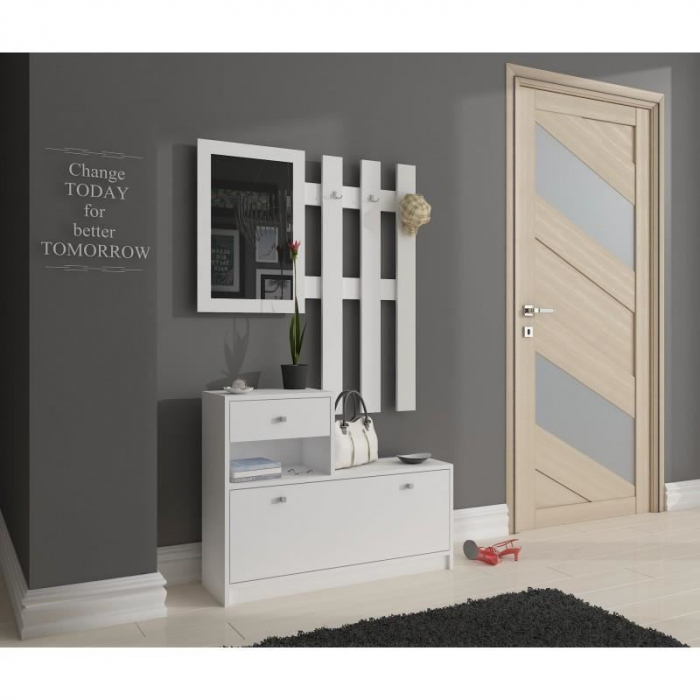SET MOBILIER HOL, PLACA LAMINATA, CU PANTOFAR, CUIER, OGLINDA, ALB, 90X25X70/100 CM [4]